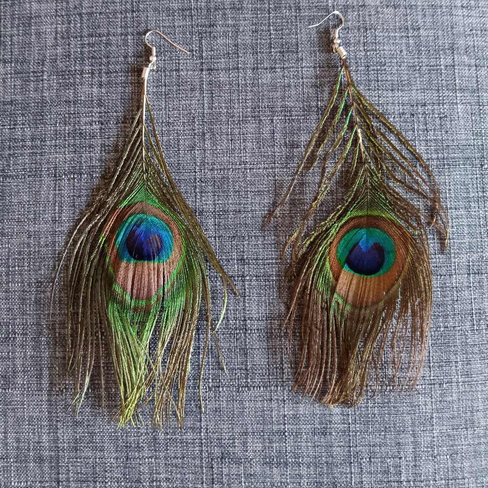 Vintage real peacock feather earrings for pierced ears